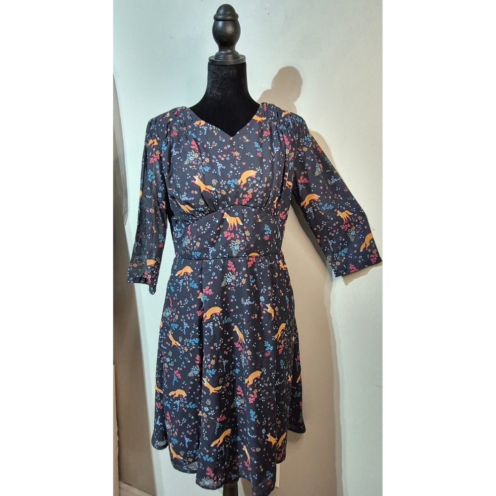 eShakti Navy Blue Fox Floral Print V-Neck Fit Flare Dress 3/4 Sleeve Size M-8